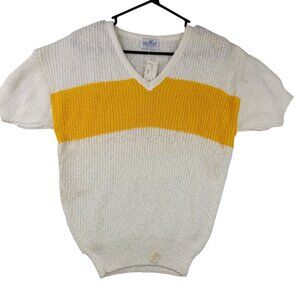 Vintage 90s Sweetree V-Neck Knit Sweater Wide Yellow Stripe Cotton Med Deadstock